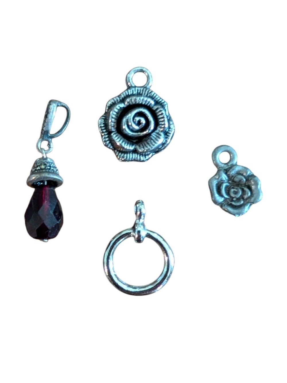 Silver Rose and Garnet Drop Charm Set - Women Jewelry